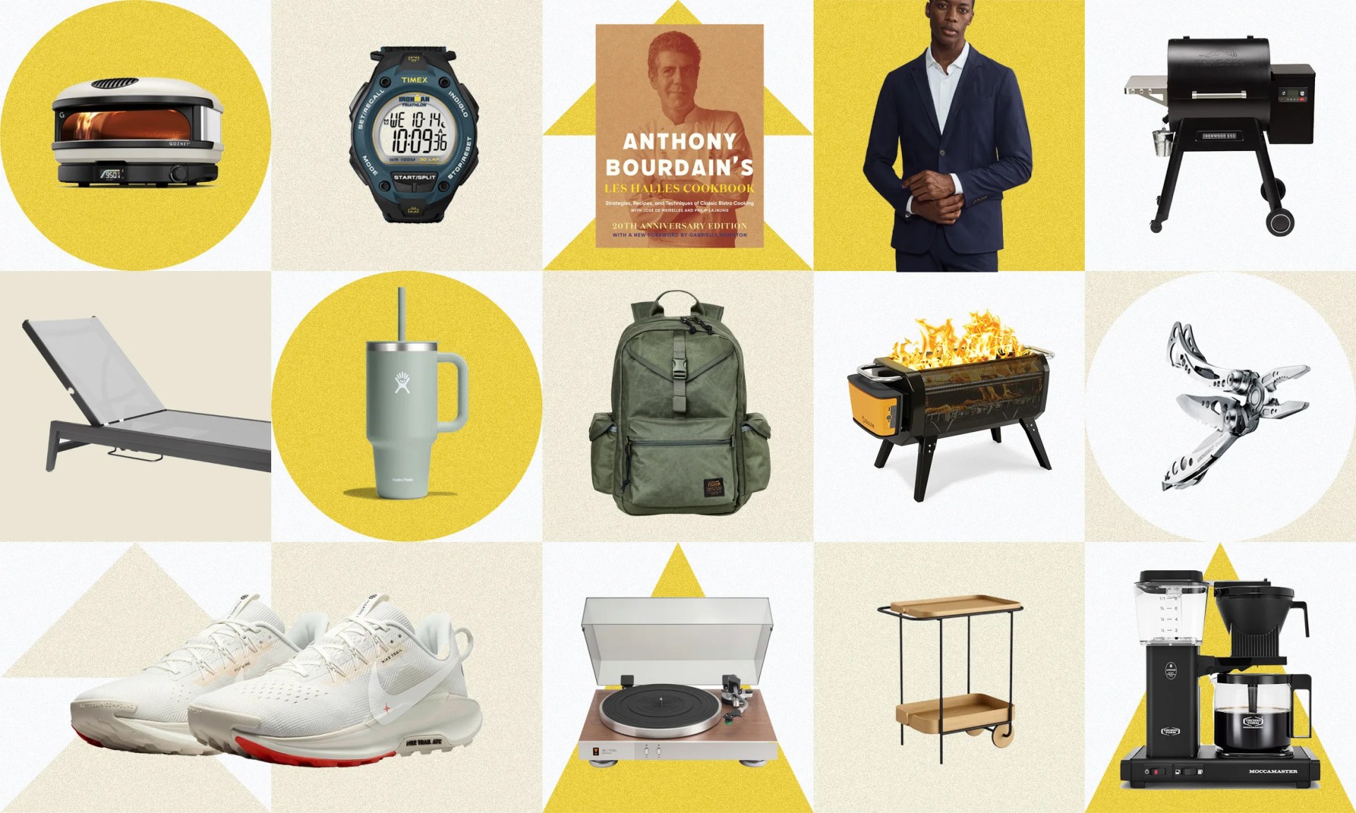 A grid of products shown on a contrasting warm yellow and cream white background. The products are cut out in a way to merchandise them like a shopping window.