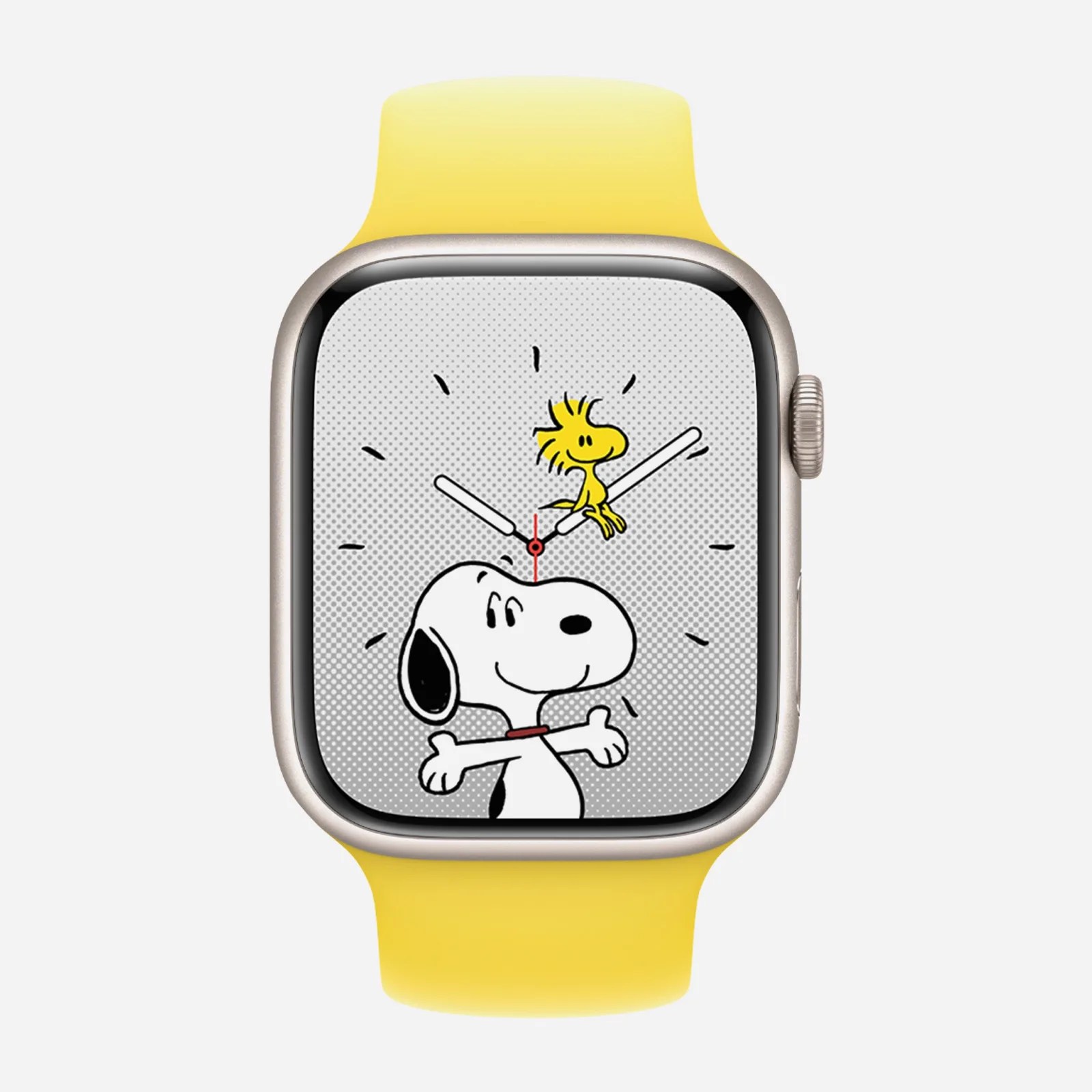 An Apple watch on a yellow rubber strap. The image is face on and shows a special snoopy watch face. Snoopy appears from the bottom of the watch screen with his arms outstretched. Woodstock is sitting on the second hand. 