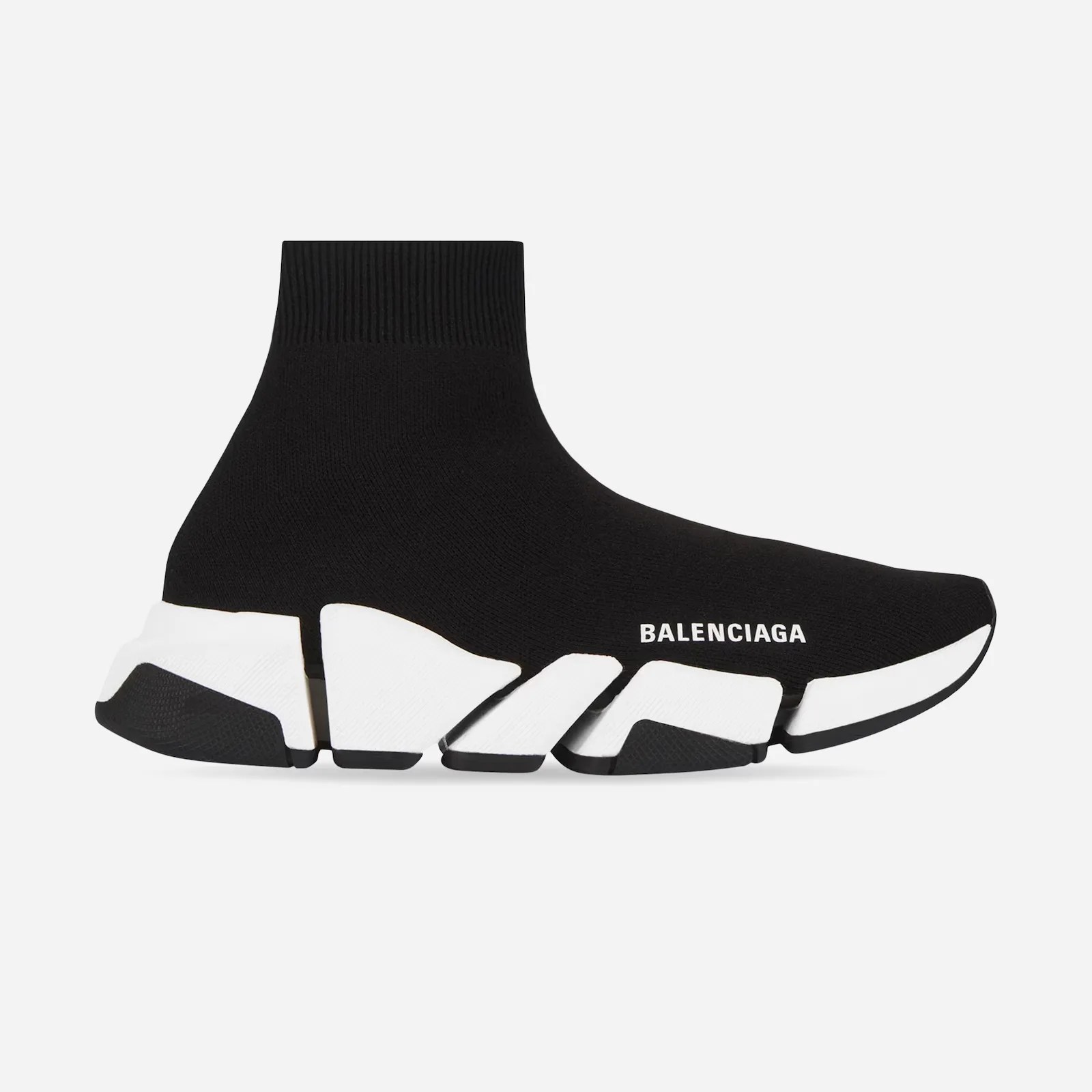 A single Balenciaga Speed 2.0 sneaker in black shown in profile against a light grey background
