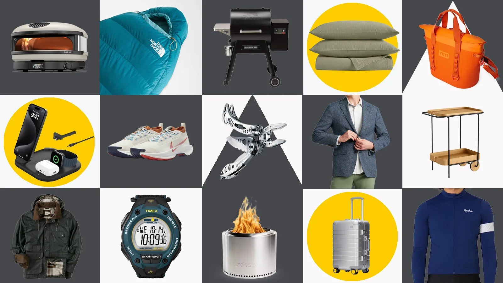 A collage grid of product images. The grid is a pattern of grey and white squares. Some of the squares are covered with a yellow circle. A product image sits above each.