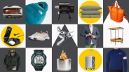 A collage grid of product images. The grid is a pattern of grey and white squares. Some of the squares are covered with a yellow circle. A product image sits above each.