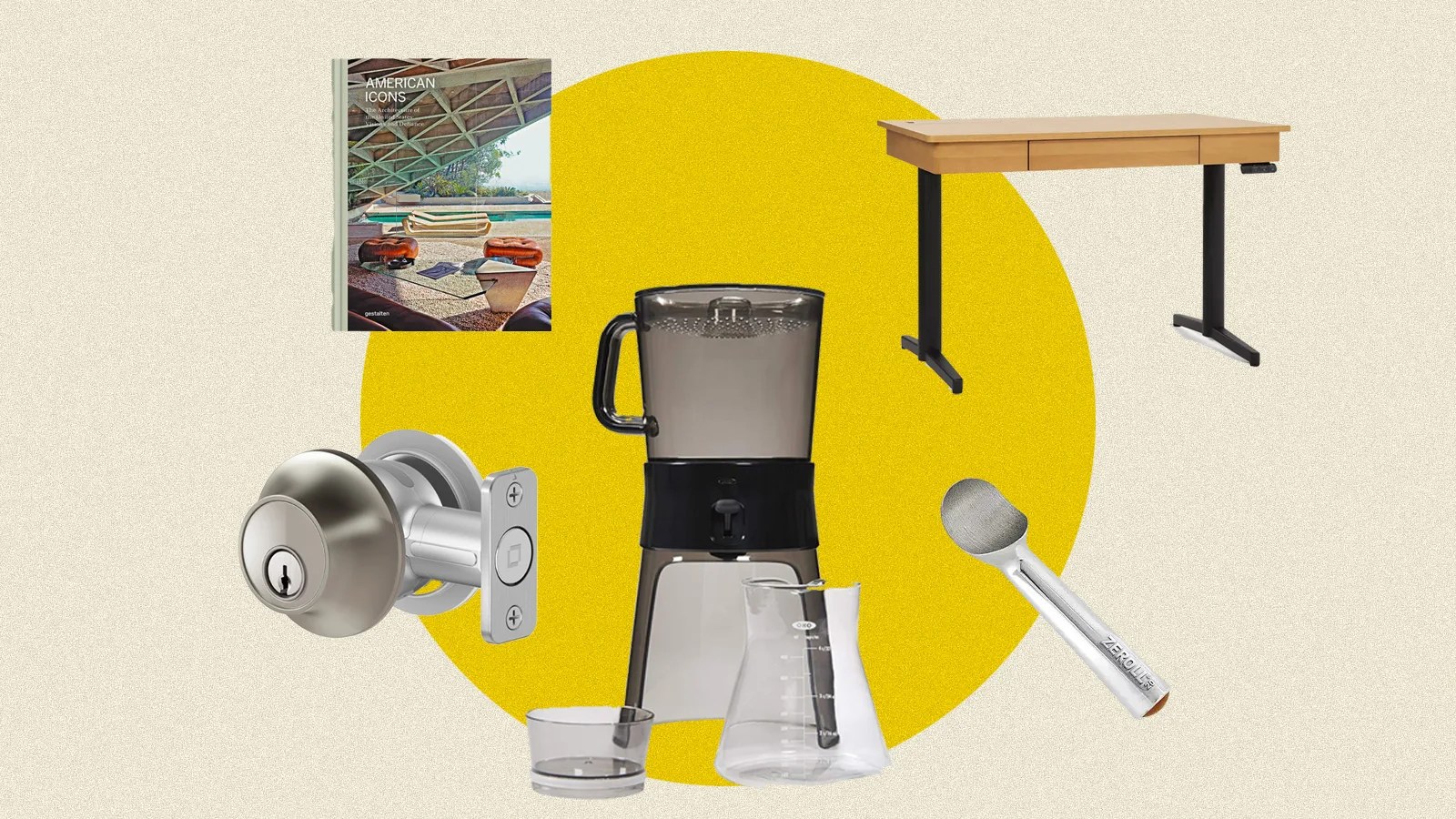 A light tan rectangle with a mustard yellow circle in the middle. Positioned in the circle are several home products that are on sale for black friday and cyber monday merchandised as a graphic.