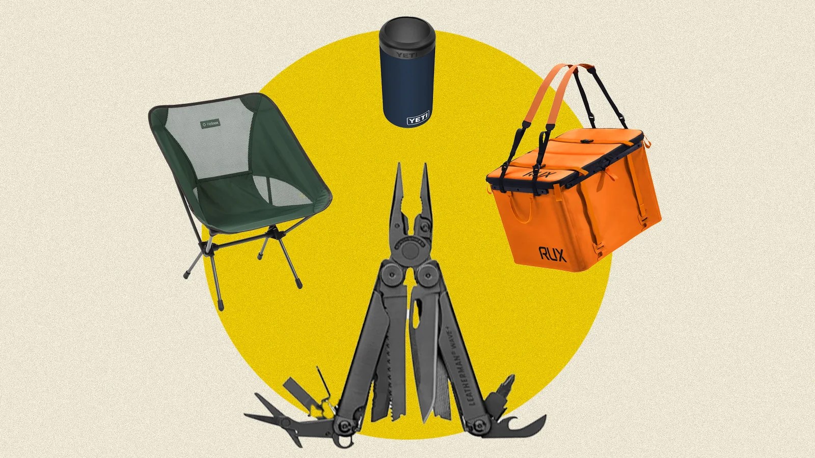 A light tan rectangle with a mustard yellow circle in the middle. Positioned in the circle are several outdoor products that are on sale for black friday and cyber monday merchandised as a graphic.