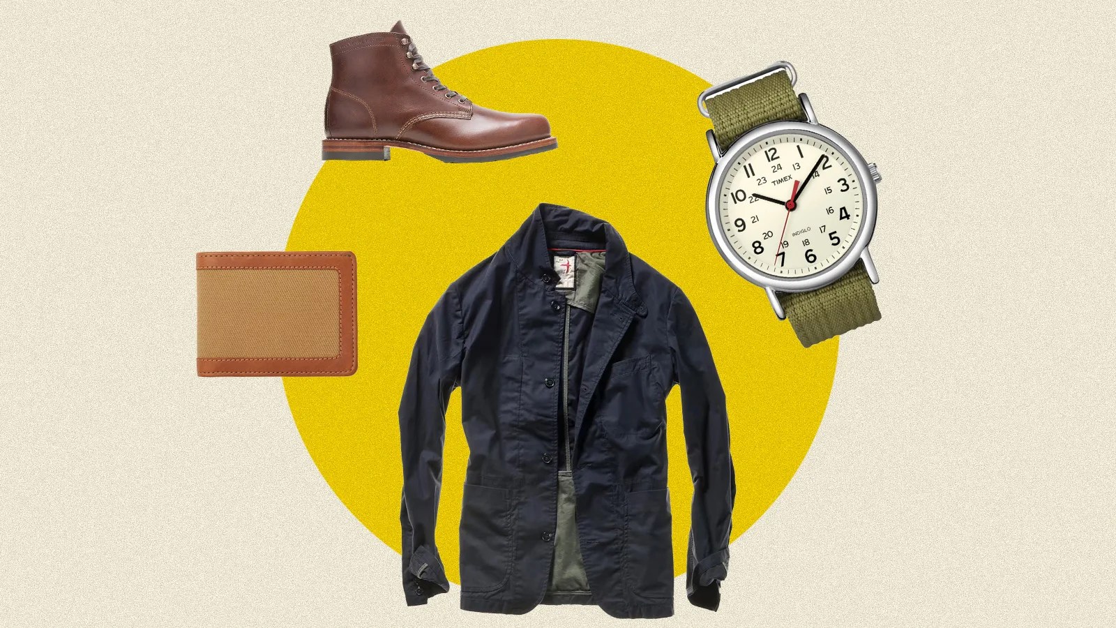 A light tan rectangle with a mustard yellow circle in the middle. Positioned in the circle are several style and clothing products that are on sale for black friday and cyber monday merchandised as a graphic.