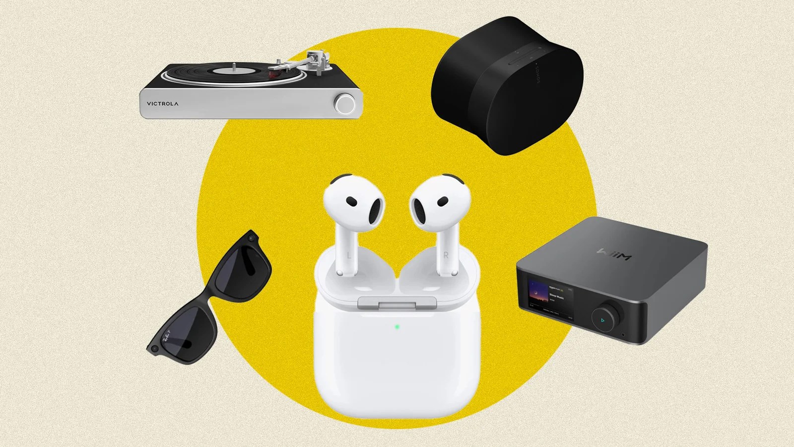 A light tan rectangle with a mustard yellow circle in the middle. Positioned in the circle are several tech and audio products that are on sale for black friday and cyber monday merchandised as a graphic.
