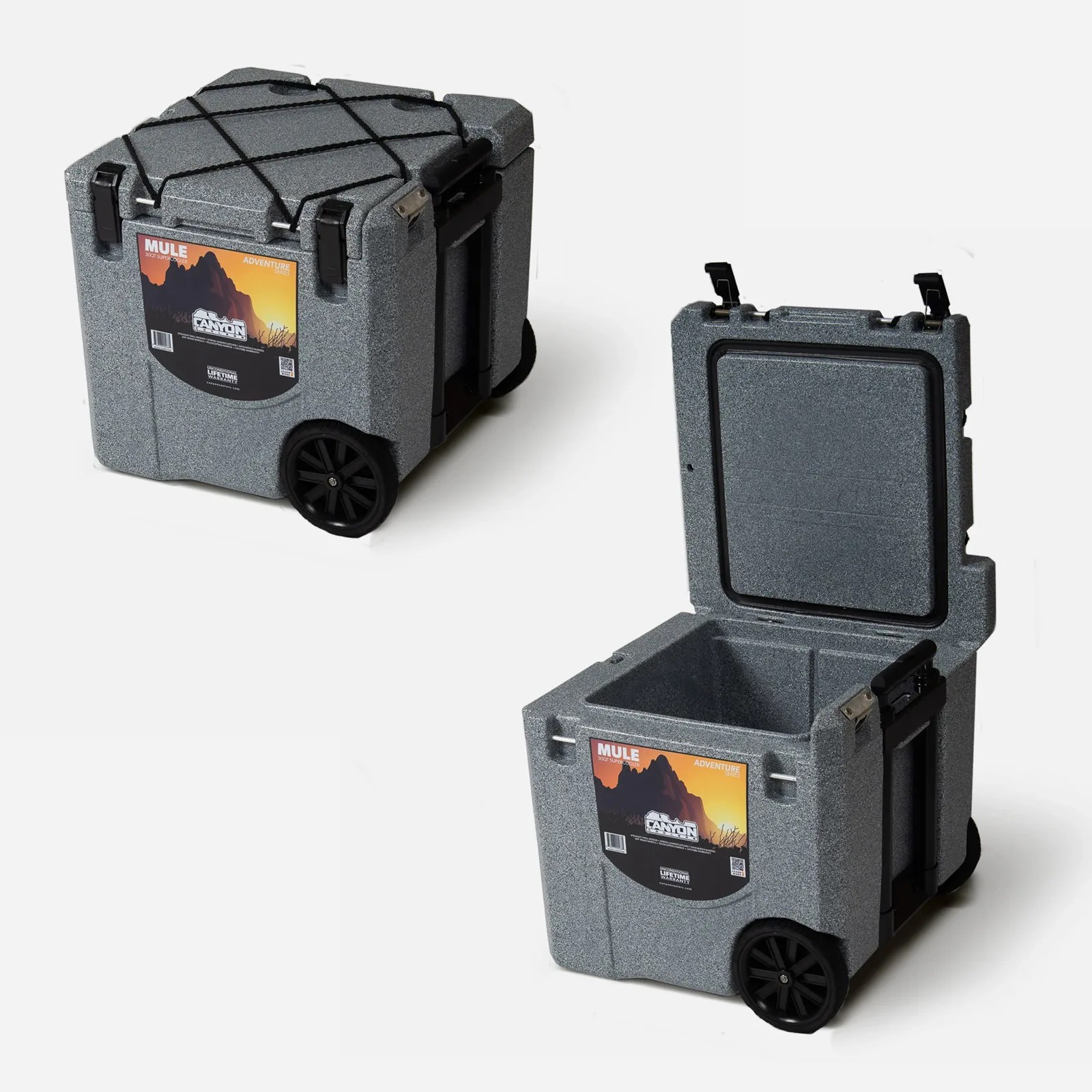 Two Canyon Scout 22 Quart Coolers shown open and closed. One is in the upper left corner of the image. The other is in the bottom right. Both coolers are in a grey color. One image shows the integrated mesh netting attached. Another shows how the lid opens without blocking the handle. 