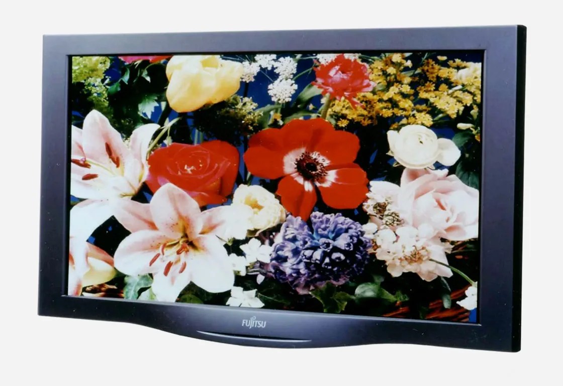 Fujjitsu's World's First Commercial 42-inch-diagonal Wide-Screen Color Plasma Display shown against a light grey background. The screen has a photo of bright flowers on it