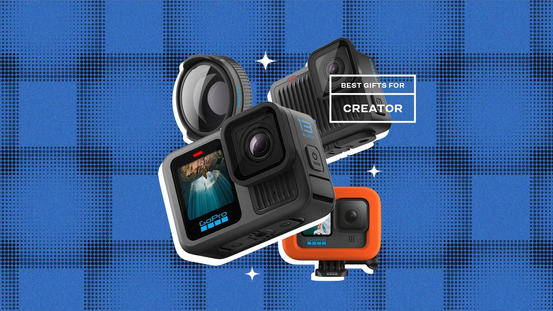 go pro cameras in group on blue background