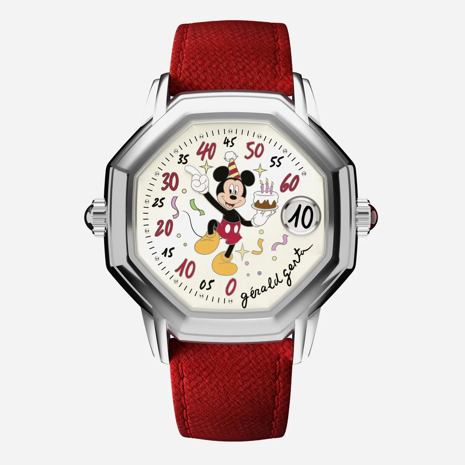The Gérald Genta Only Watch 2023 shown face on against a light grey background. The Watch is octagonally shaped in silver and shows Mickey Mouse holding a birthday cake with candles in it surrounded by confetti. 