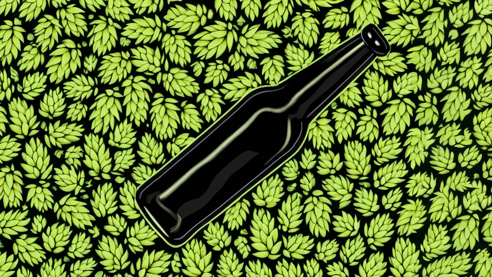An illustration of a generic label less beer bottle resting against a pattern of illustrated hops