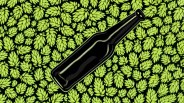 An illustration of a generic label less beer bottle resting against a pattern of illustrated hops