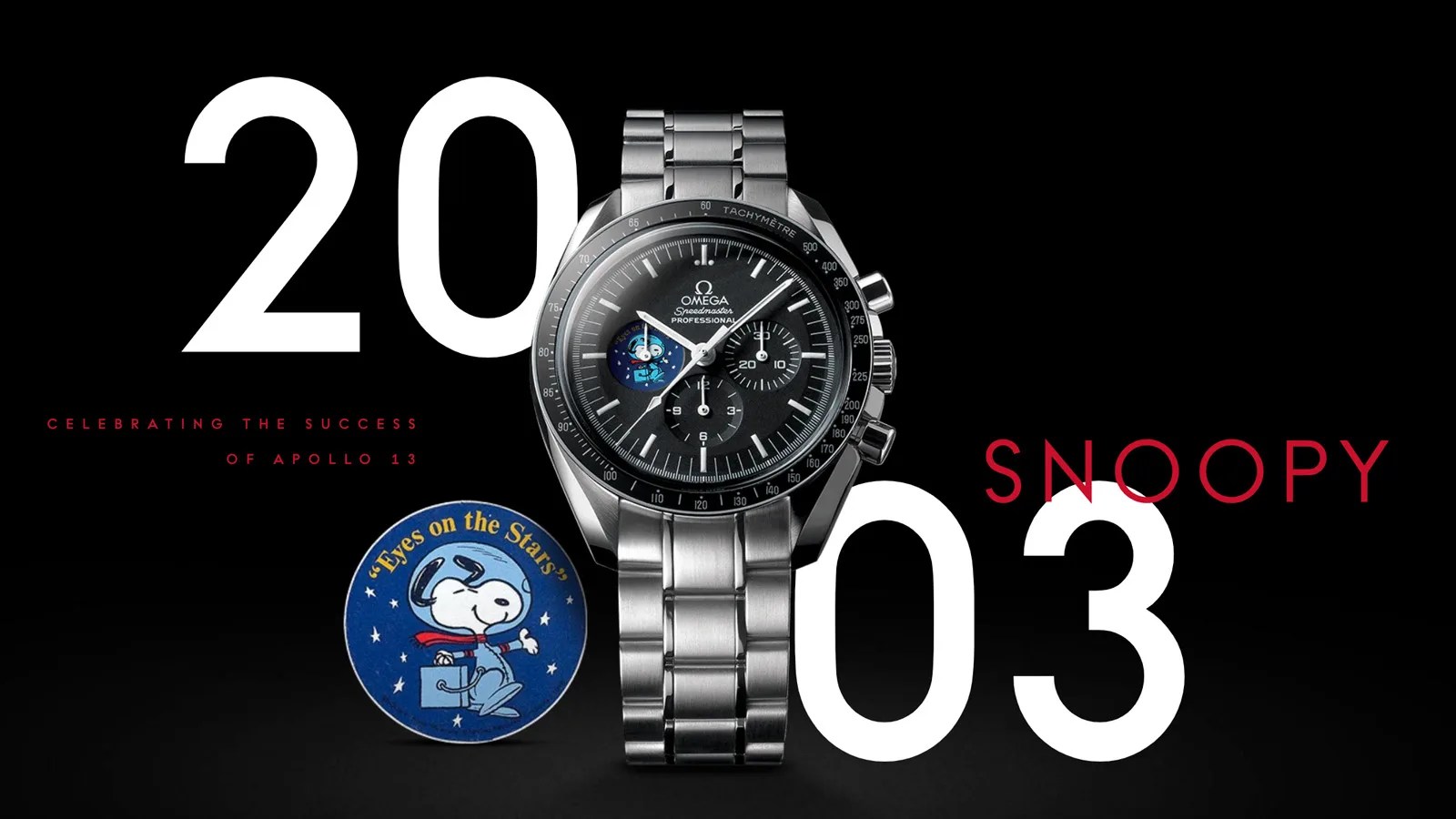 A graphic showing the year 2003 in white and the name Snoopy in large red letters. A version of the Omega Speedmaster sits in the middle of the graphic. There is also a cut out circle of an illustrated version of snoopy in a space suit on the subdial. 