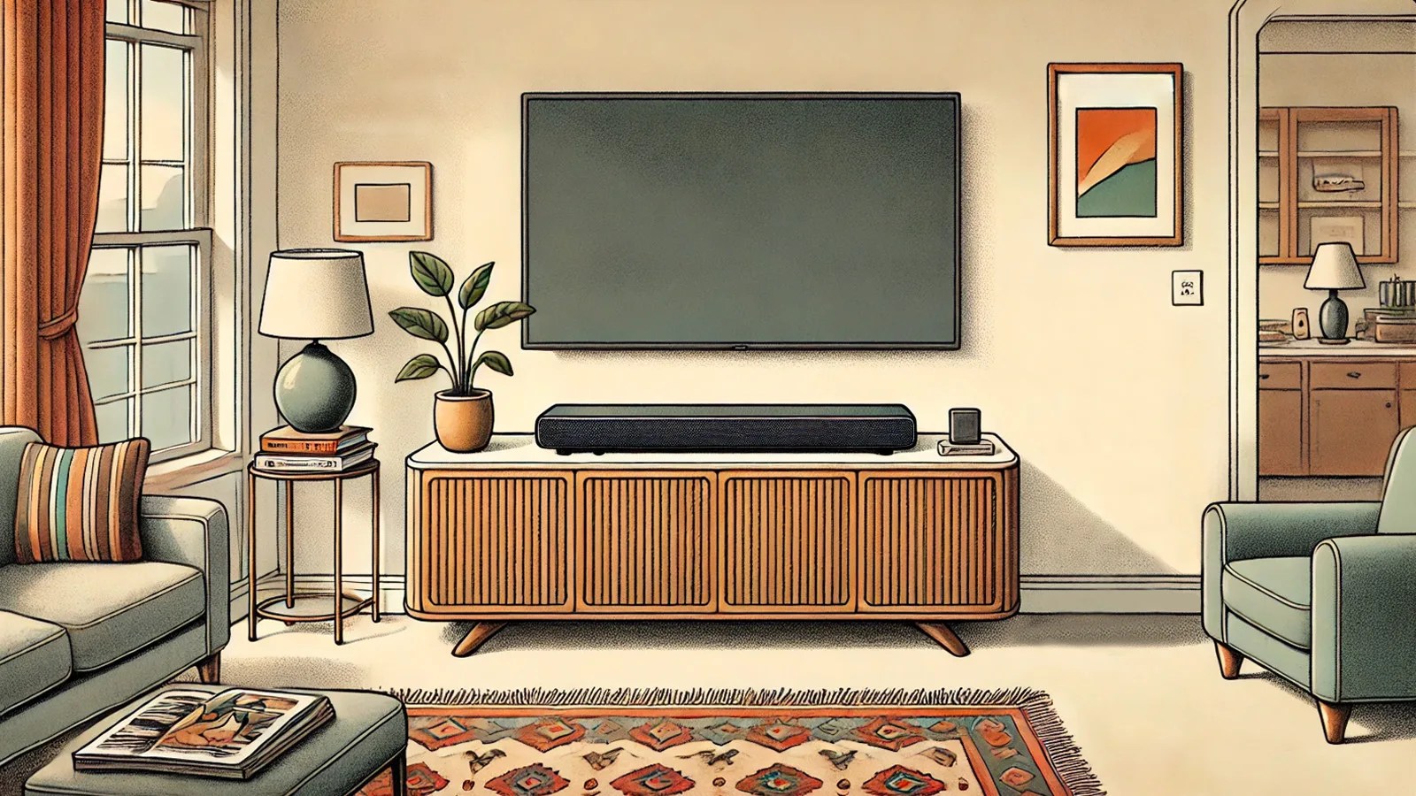 An illustrated image of a living room with a tv mounted on the wall and a soundbar shown underneath it sitting on a crendza. The room is illustrated in soft creamy colors.