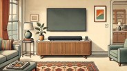 An illustrated image of a living room with a tv mounted on the wall and a soundbar shown underneath it sitting on a crendza. The room is illustrated in soft creamy colors.