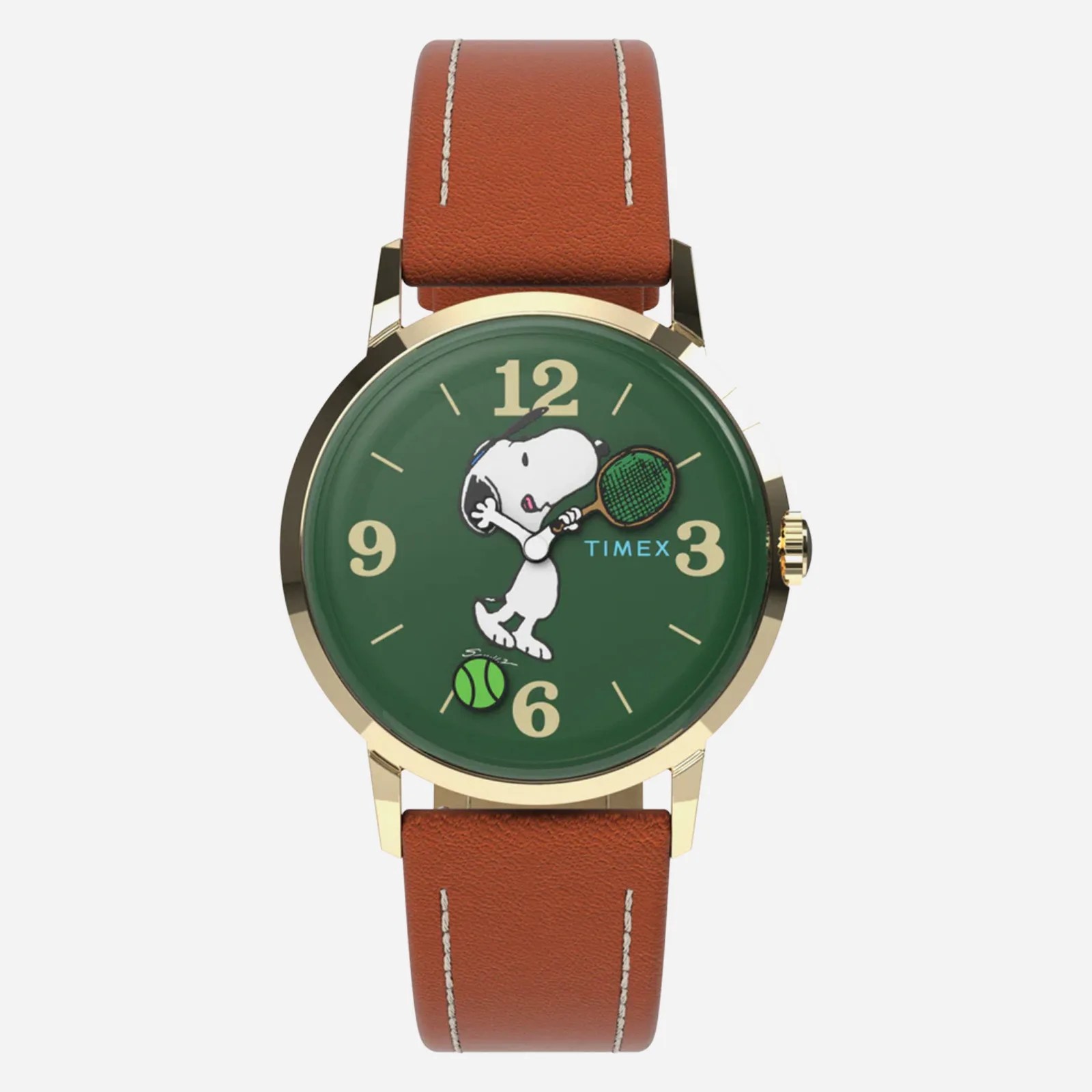 The Timex Marlin® Hand-Wound x Snoopy Tennis 34mm Leather Strap Watch with a green dial on a white background
