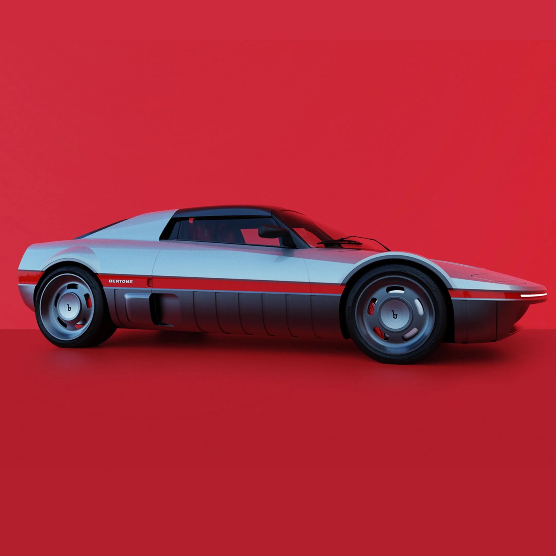 a bertone sports car against a red background