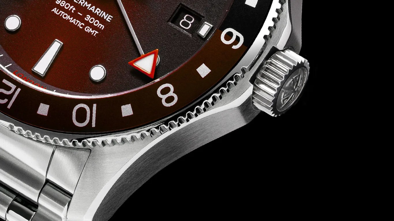 closeup of a bremont gmt dive watch
