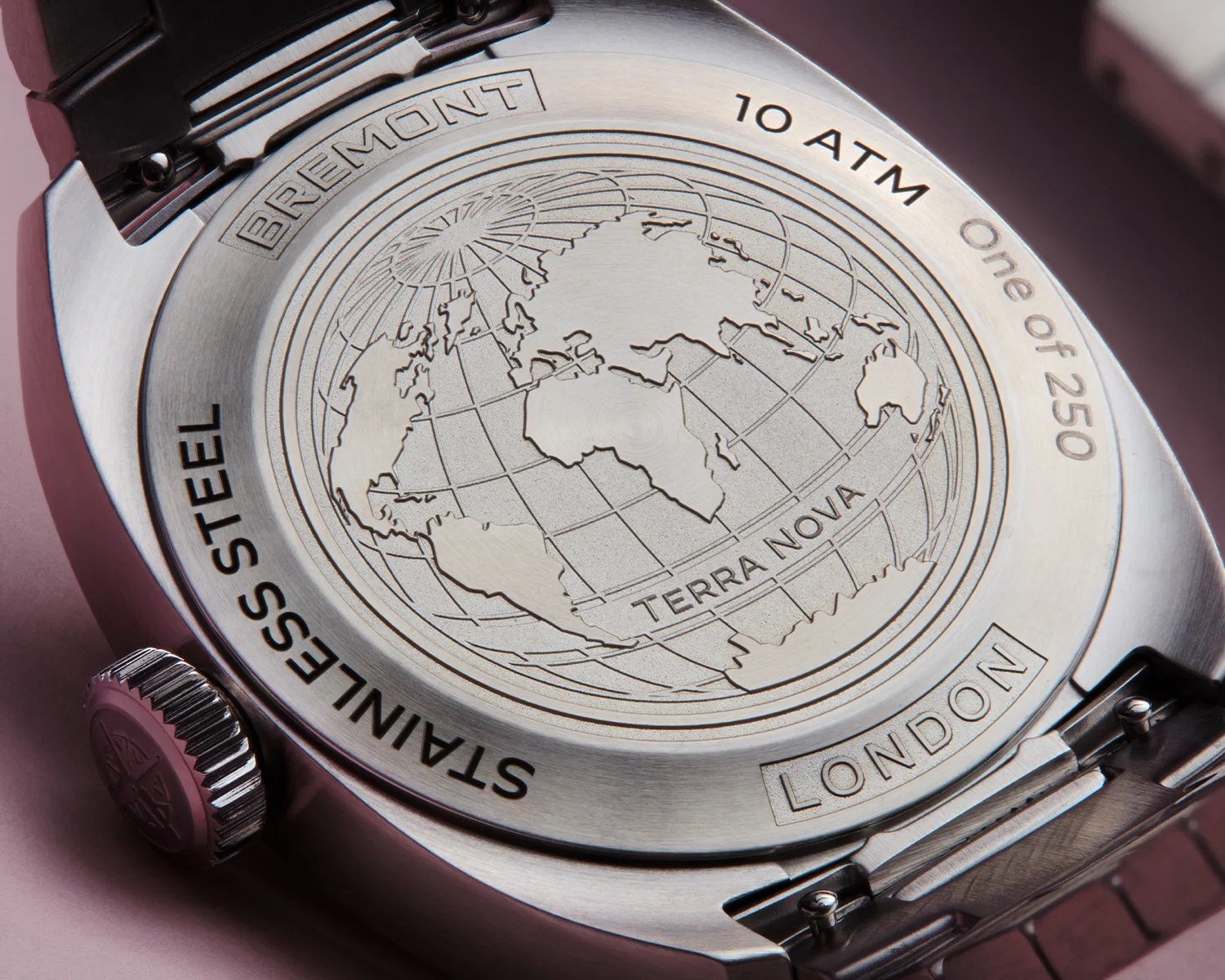 the caseback of a bremont field watch showing a world map
