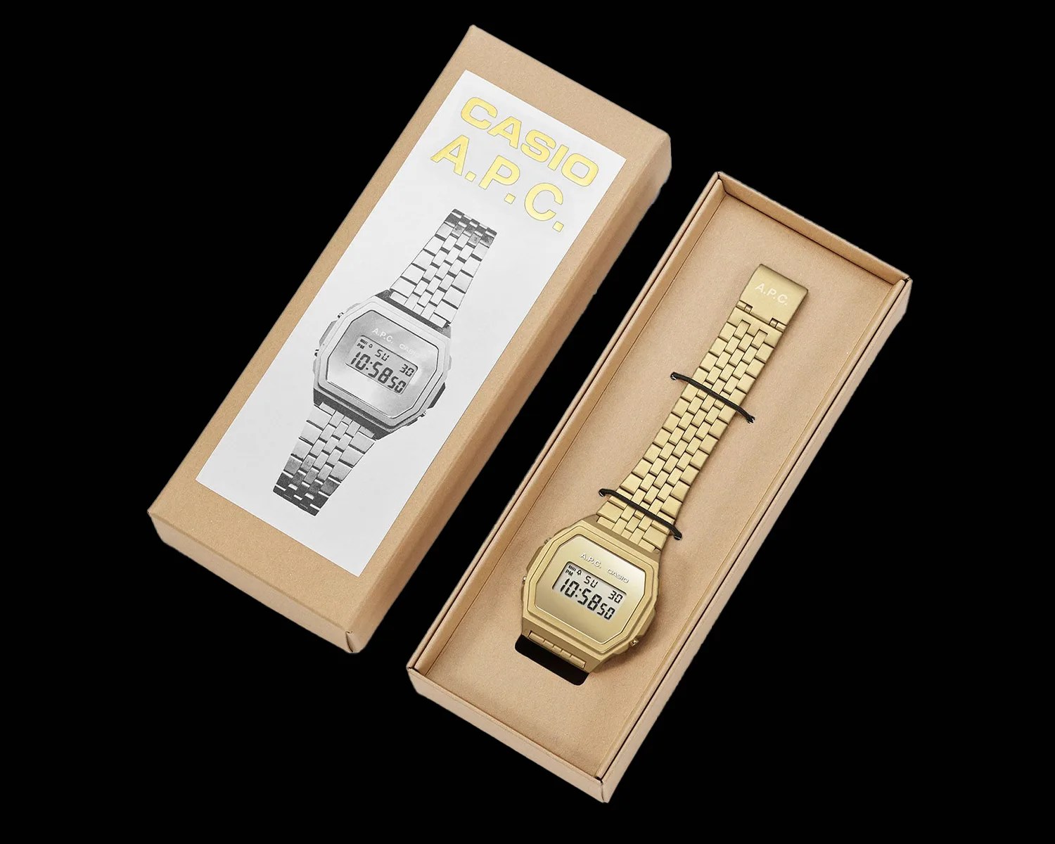a casio x apc digital watch in a box