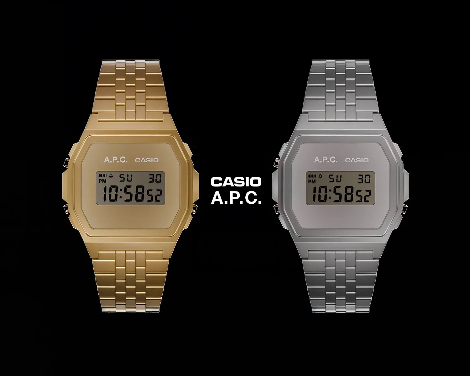 two casio x apc digital watches on a black background