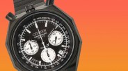 a citizen ground y chronograph watch against an orange gradient background