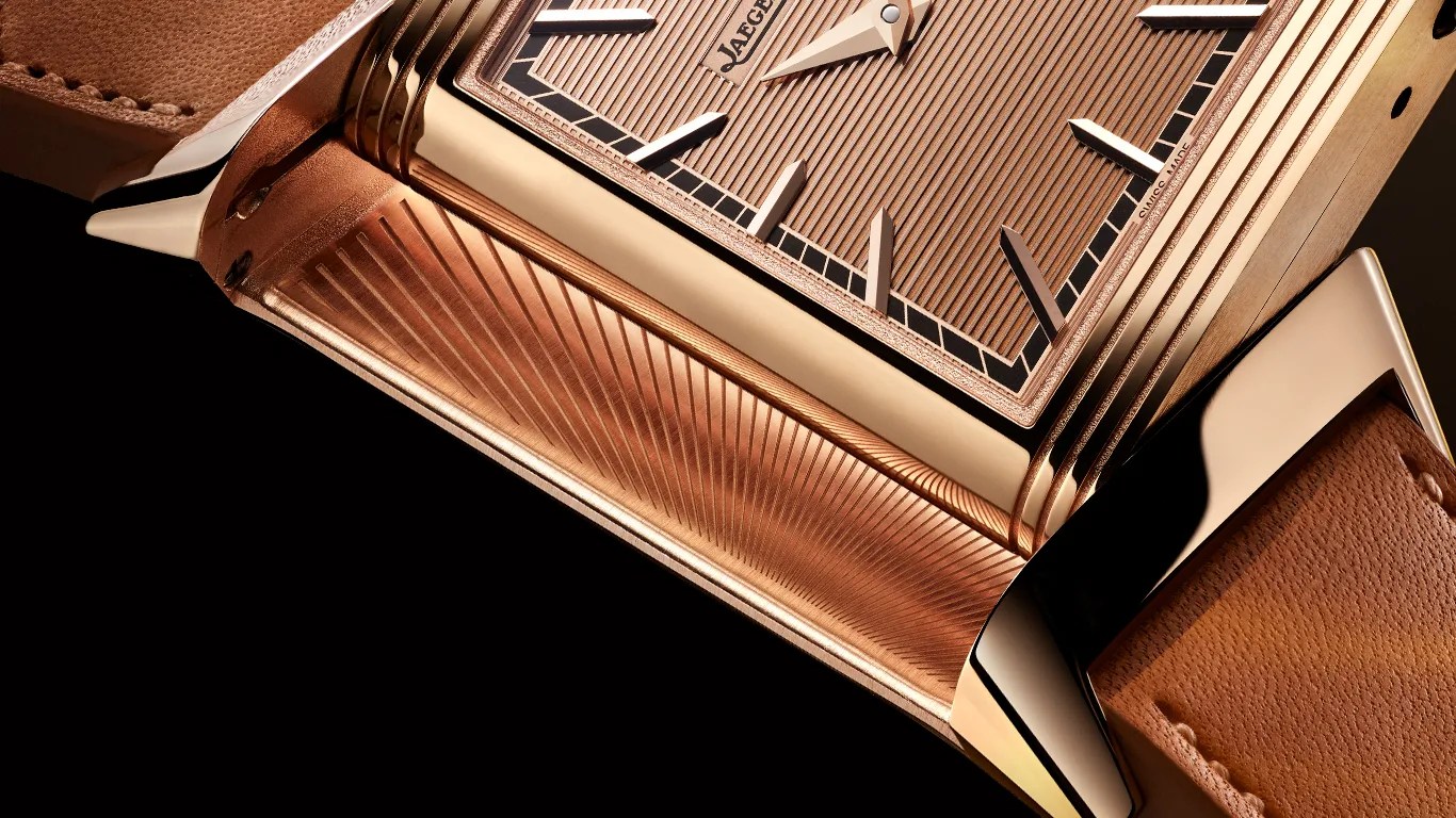a closeup of a jaeger lecoultre reverso dress watch