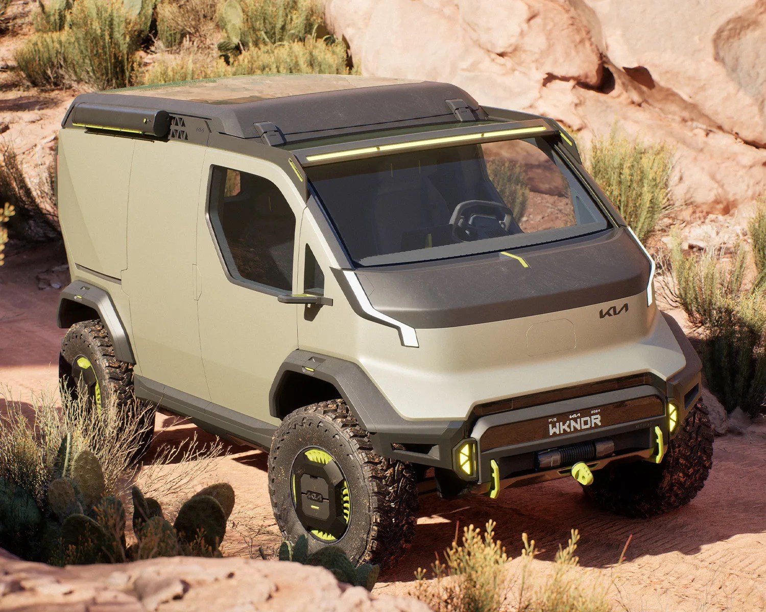 the kia pv5 wkndr ev camper van concept driving in the desert