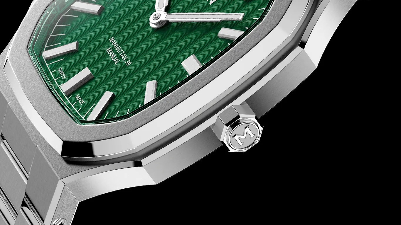 a closeup of a maen manhattan watch that resembles a patek cubitus