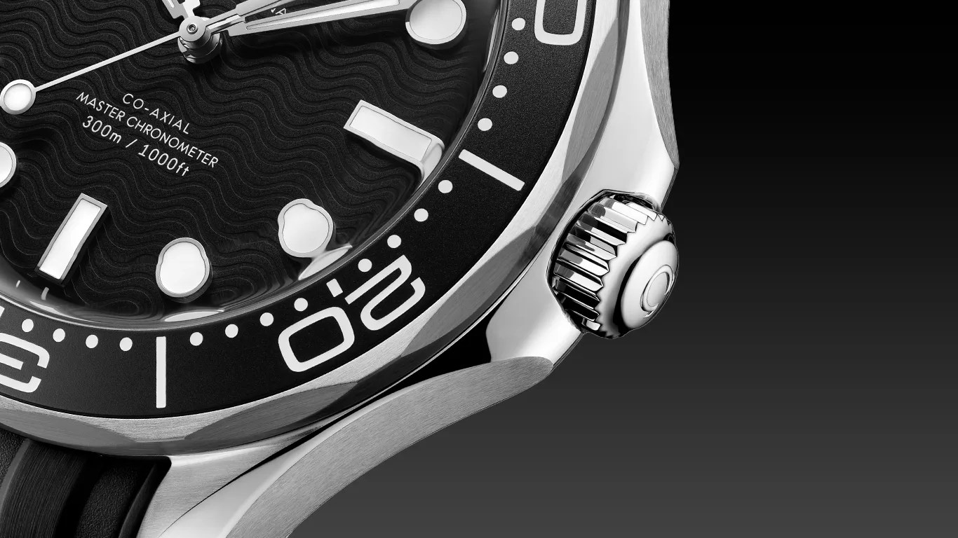 closeup of an omega seamaster dive watch