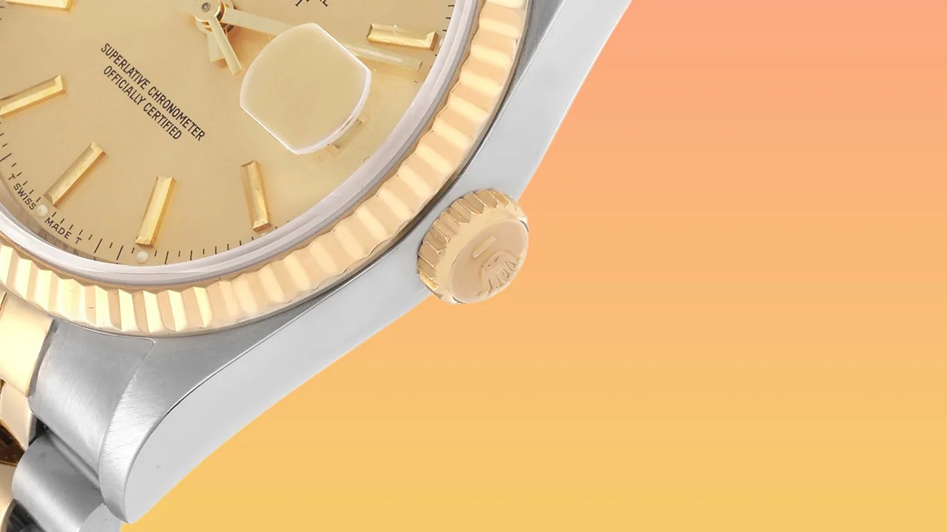 a closeup of a rolex datejust watch against a gradient background