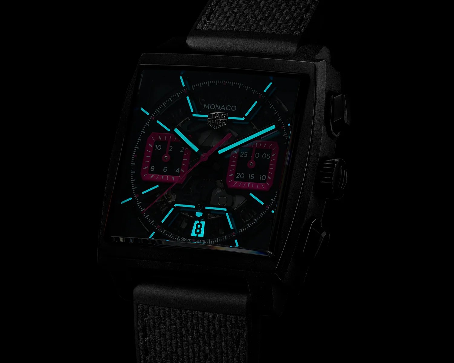 a TAG Heuer monaco watch glows in the dark