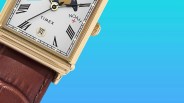 closeup of a timex x noah moonphase cartier tank style dress watch