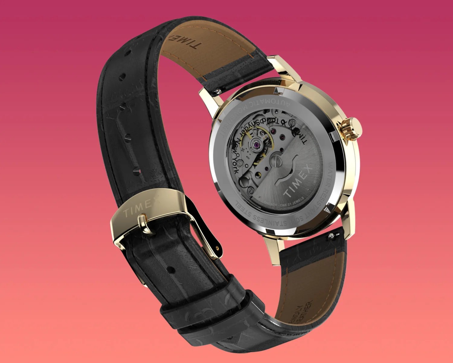 a todd snyder x timex marlin watch against a gradient red background