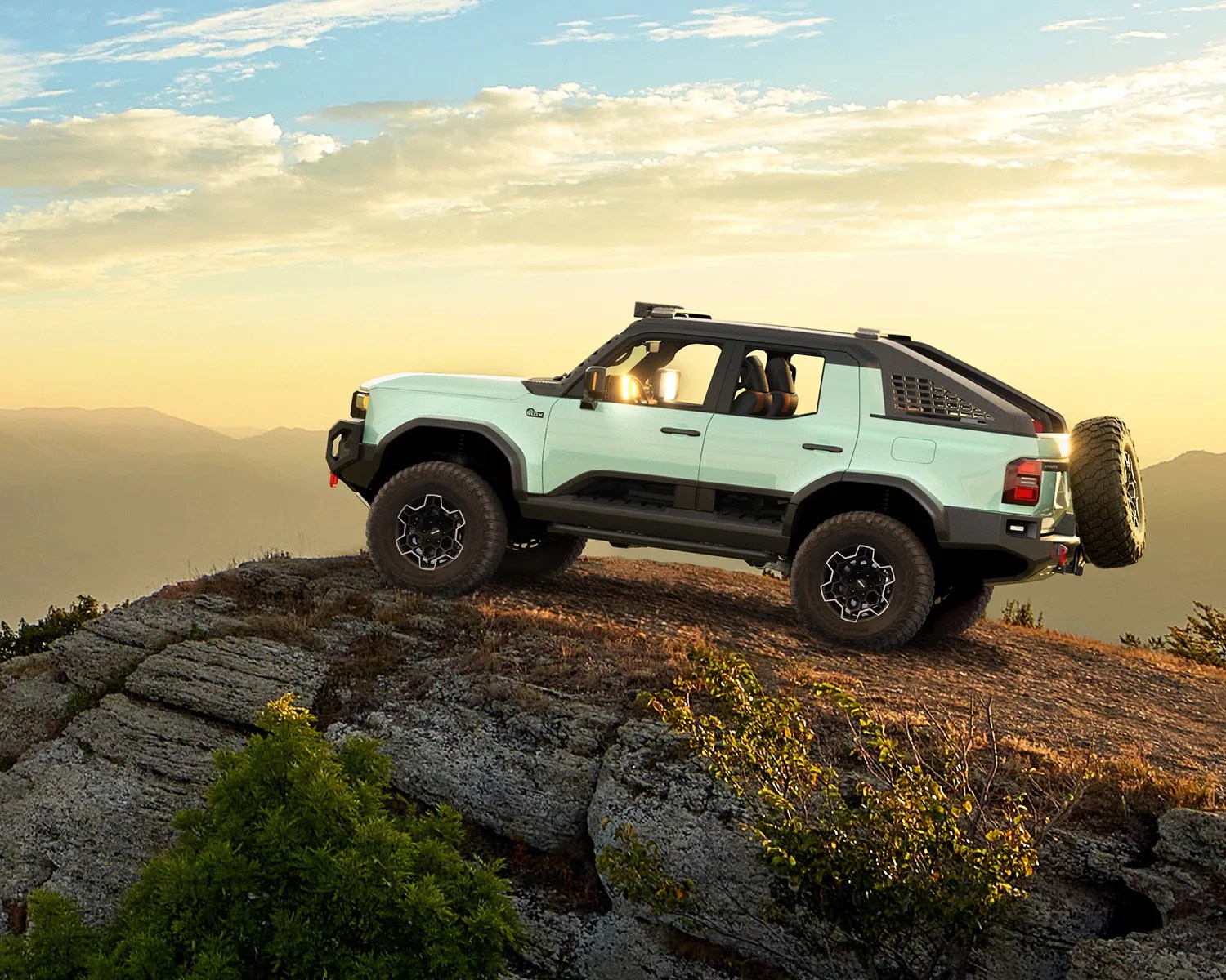 the toyota land cruiser rox concept suv perched on a hill at sunrise