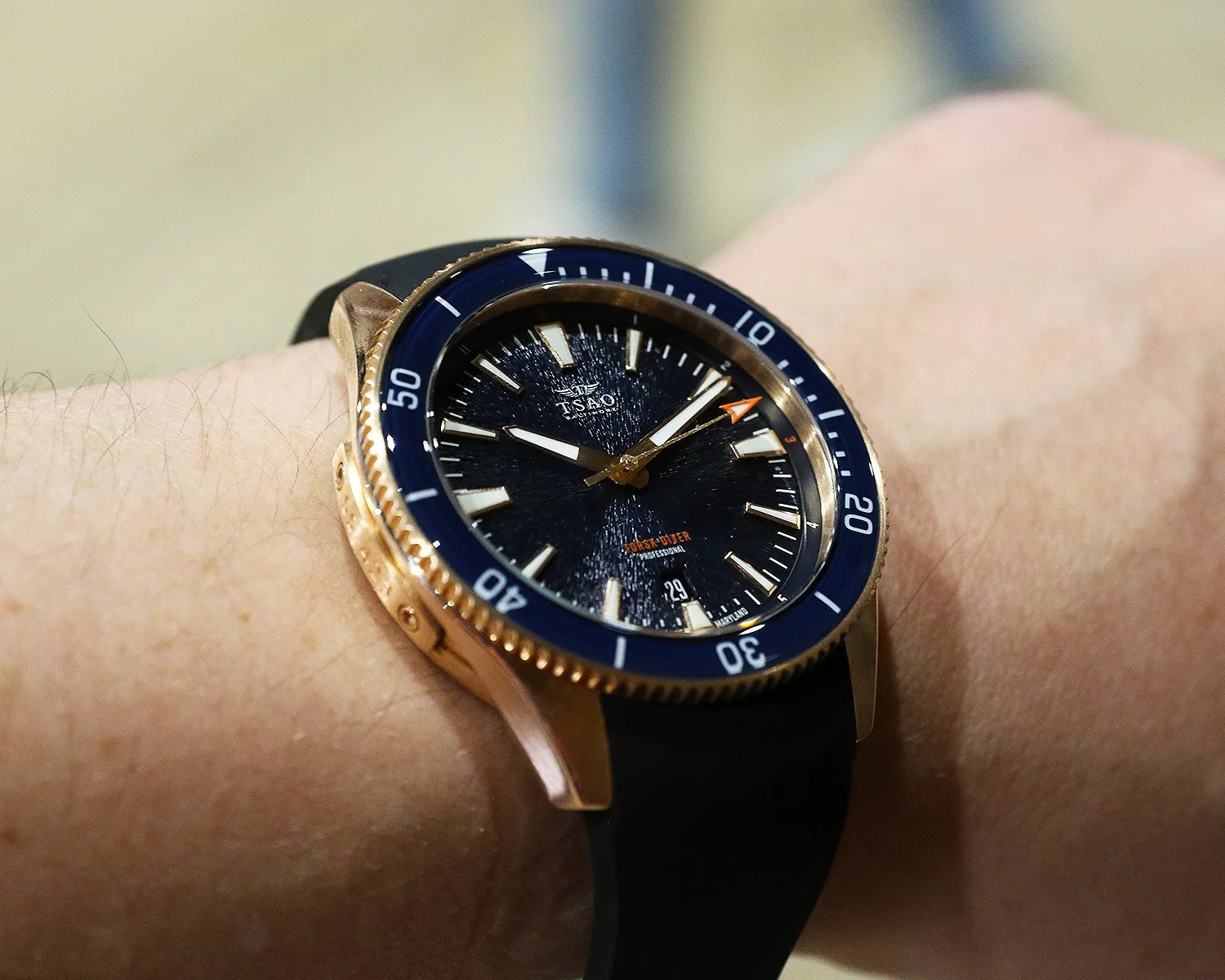 a tsao baltimore dive watch on a mans wrist