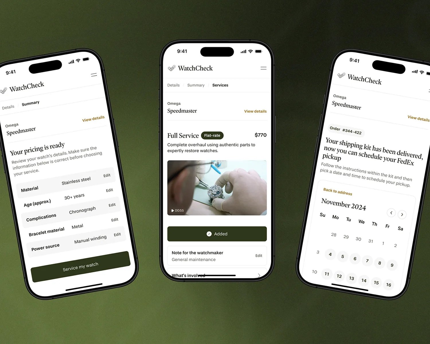 three phones showing the watchcheck app