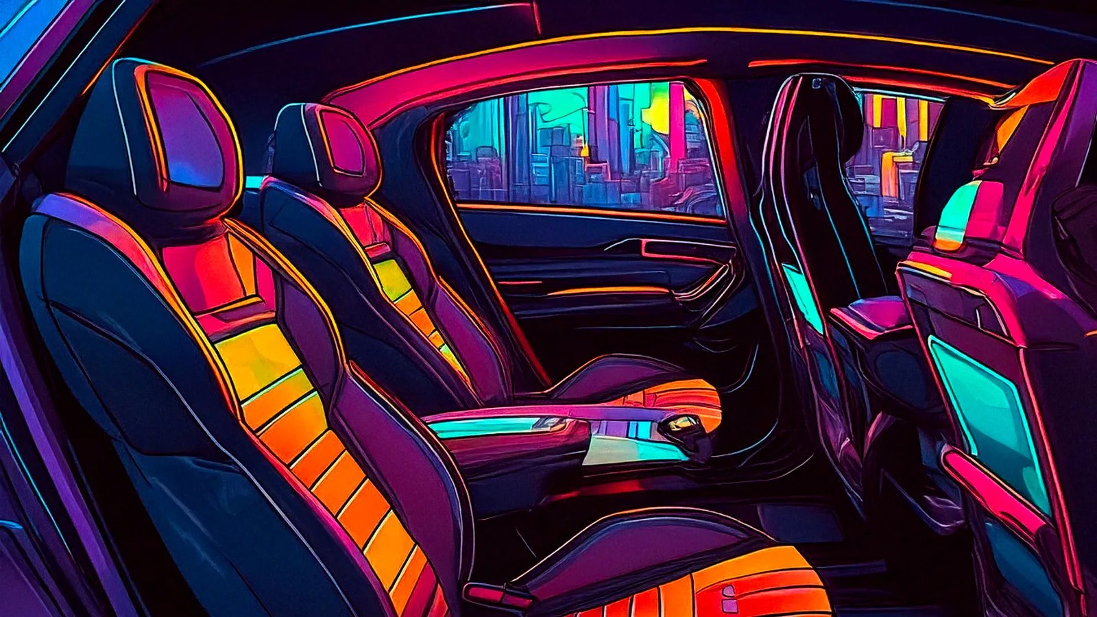 A colorfully illustrated empty back seat of a car shown from the side door opening