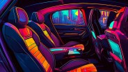 A colorfully illustrated empty back seat of a car shown from the side door opening