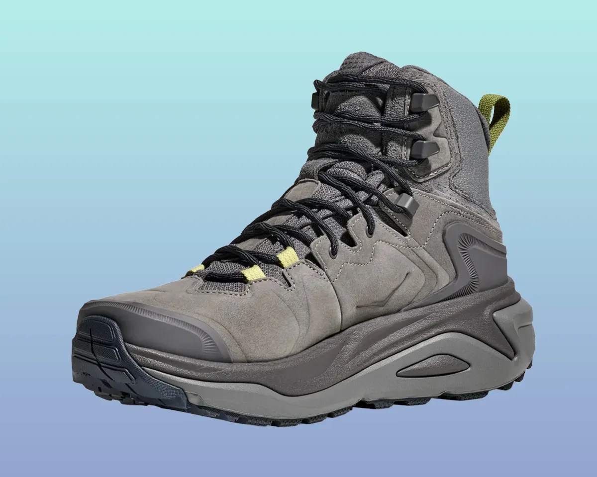 Hoka Kaha 3 GTX boot on blue green gradient background