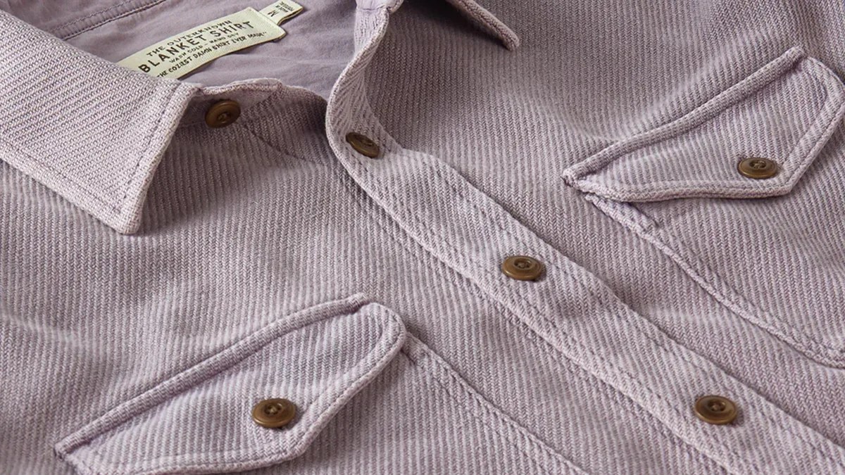 Closeup of Outerknown Kelsun Universal Blanket Shirt collar and chest pockets