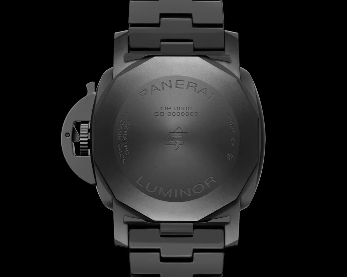 Backside of Panerai Luminor GMT Power Reserve Ceramica on black background