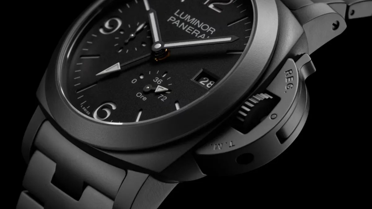 Panerai Luminor GMT Power Reserve Ceramica on black background angled slightly
