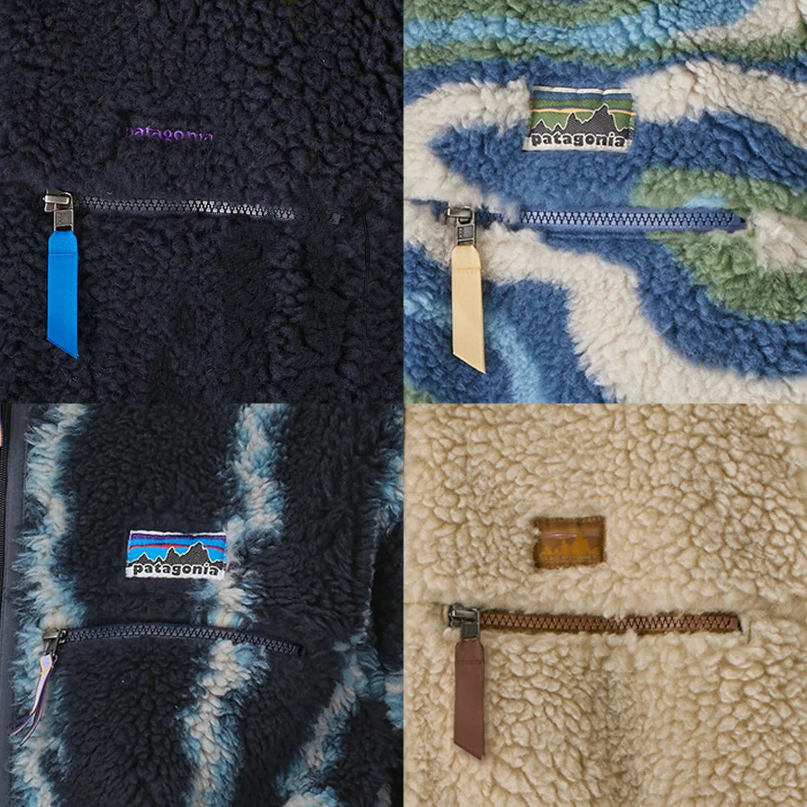 A grid of four close up images of Patagonia logos sewed into the front breast pocket of four different  colored Patagonia Natural Blend Retro Cardigans. 