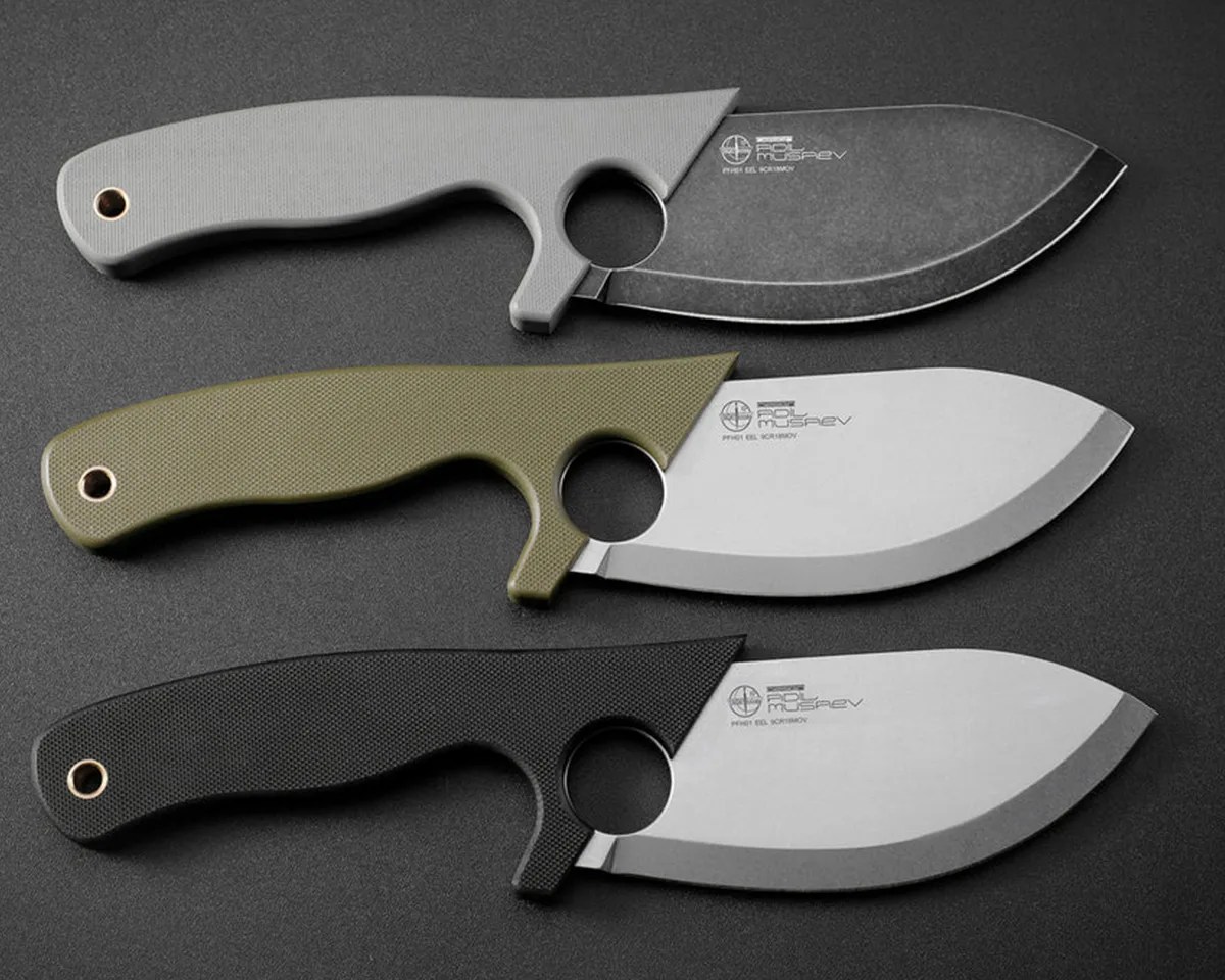 Three Petrified Fish PFH01 EEL knives on black background
