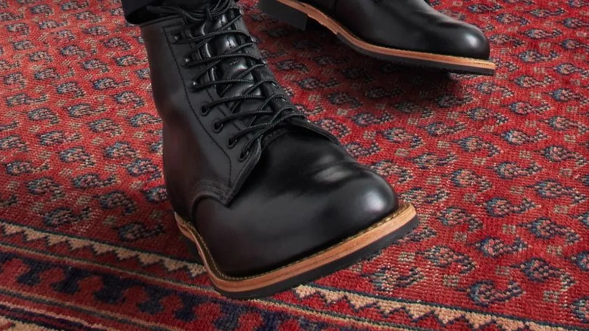 Closeup of Red Wing Beckman boots on red carpet