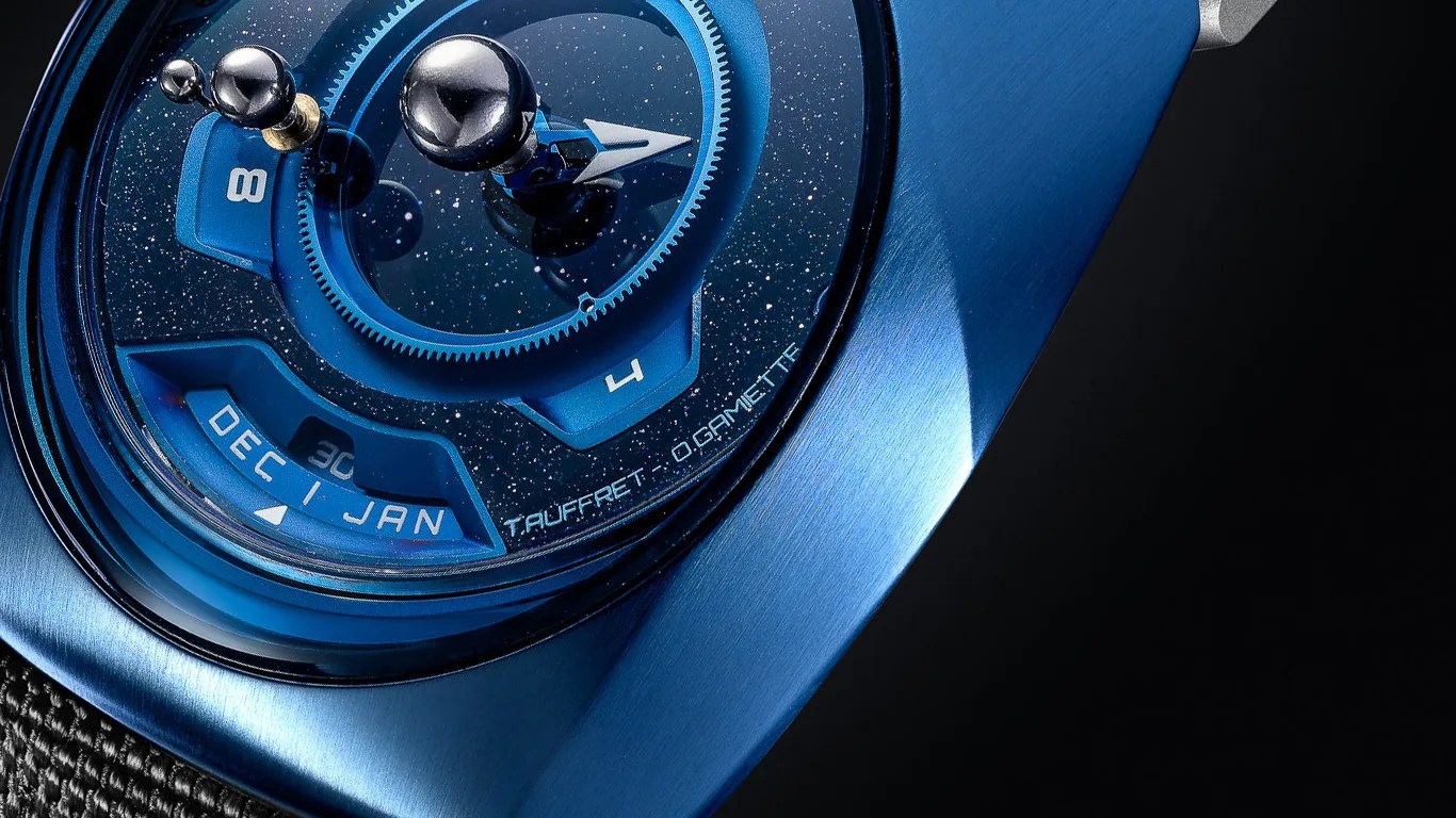 a closeup of a spaceone tellurium watch case and dial