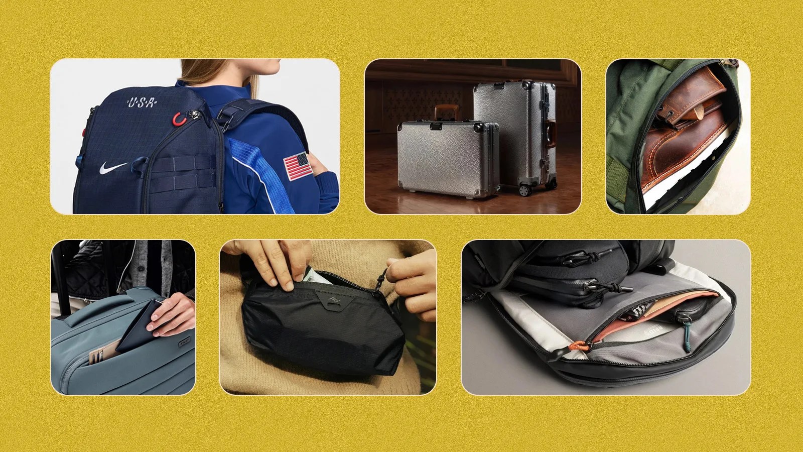 A grid of six rectangles against a mustardy yellow background with speckles. The rectangles include glimpses of lifestyle photos of various bags, backpacks and multi-tools that launched in 2024