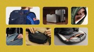 A grid of six rectangles against a mustardy yellow background with speckles. The rectangles include glimpses of lifestyle photos of various bags, backpacks and multi-tools that launched in 2024