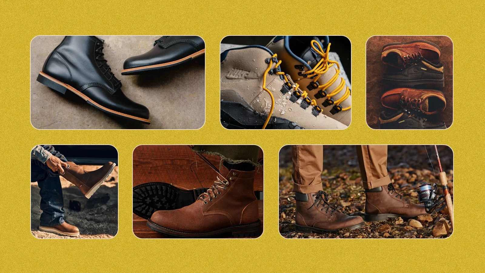 A grid of six rectangles against a mustardy yellow background with speckles. The rectangles include glimpses of lifestyle photos of mens boots that launched in 2024