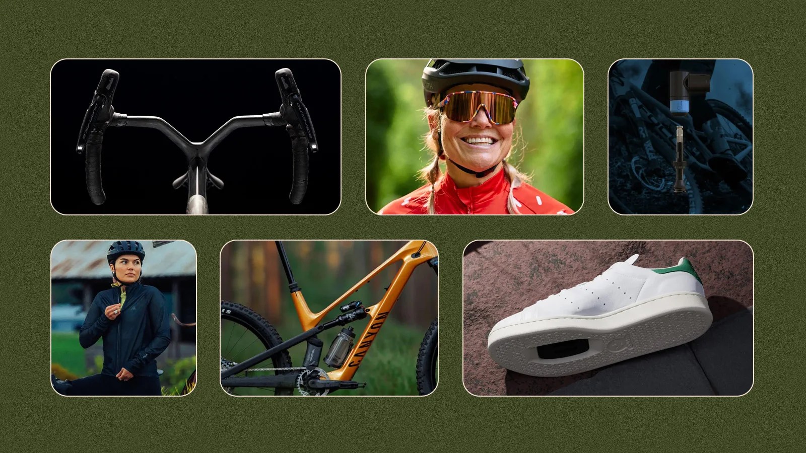 A grid of six rectangles against a forest green background with speckles. The rectangles include glimpses of lifestyle photos of bicycles and cycling products launched in 2024